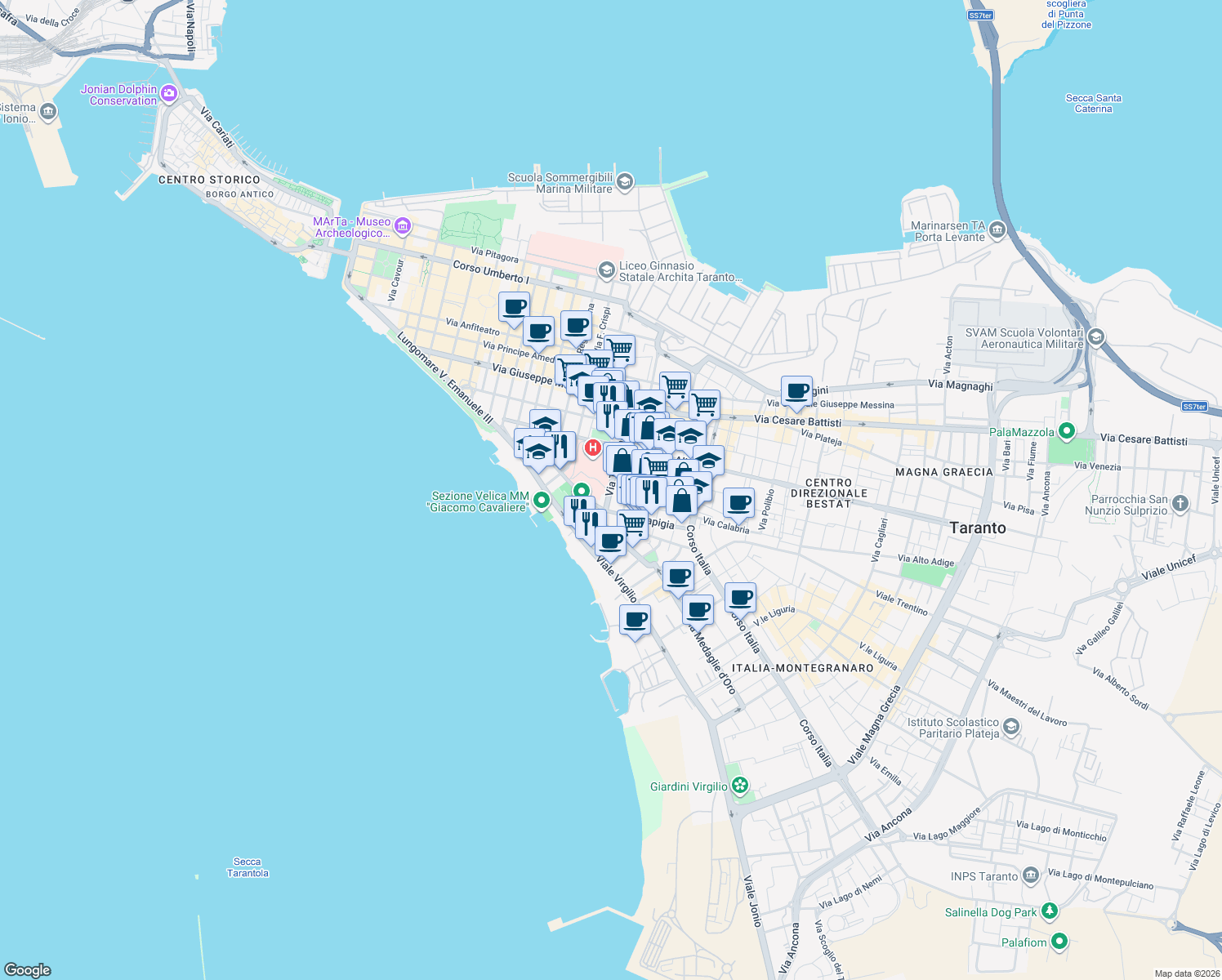 map of restaurants, bars, coffee shops, grocery stores, and more near 61 Via Tito Minniti in Taranto