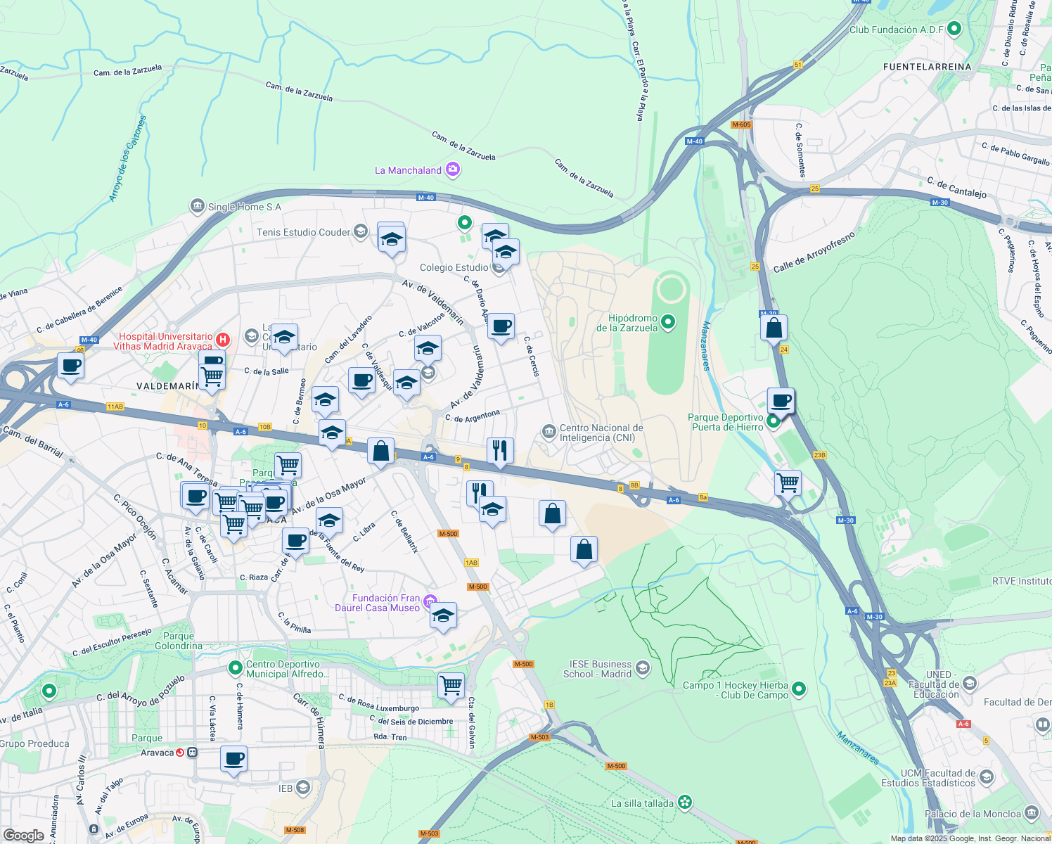 map of restaurants, bars, coffee shops, grocery stores, and more near 14-28 Calle de Argentona in Madrid