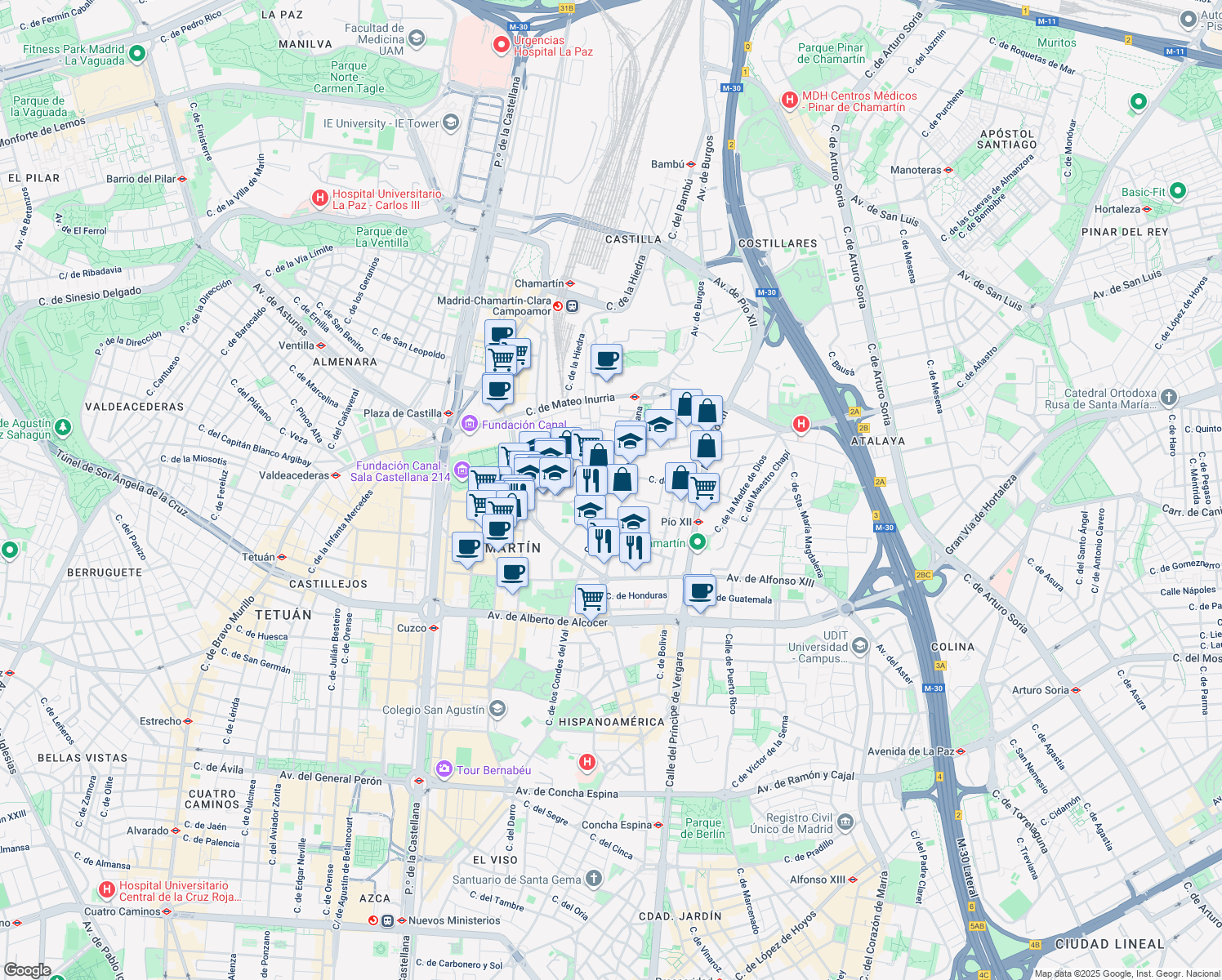 map of restaurants, bars, coffee shops, grocery stores, and more near 29 Calle de Apolonio Morales in Madrid