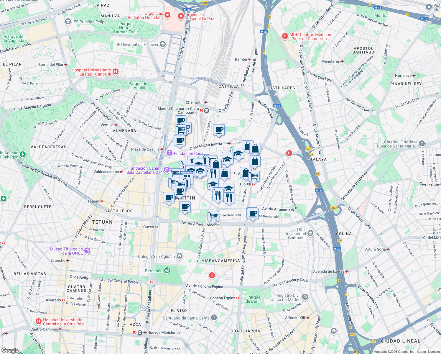 map of restaurants, bars, coffee shops, grocery stores, and more near 29 Calle de Apolonio Morales in Madrid