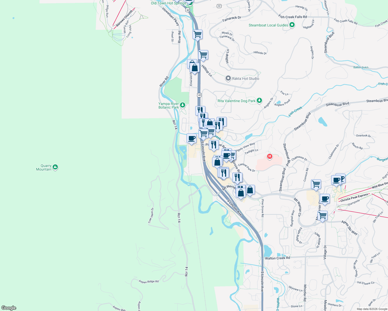 map of restaurants, bars, coffee shops, grocery stores, and more near 1698 Mid Valley Dr in Steamboat Springs