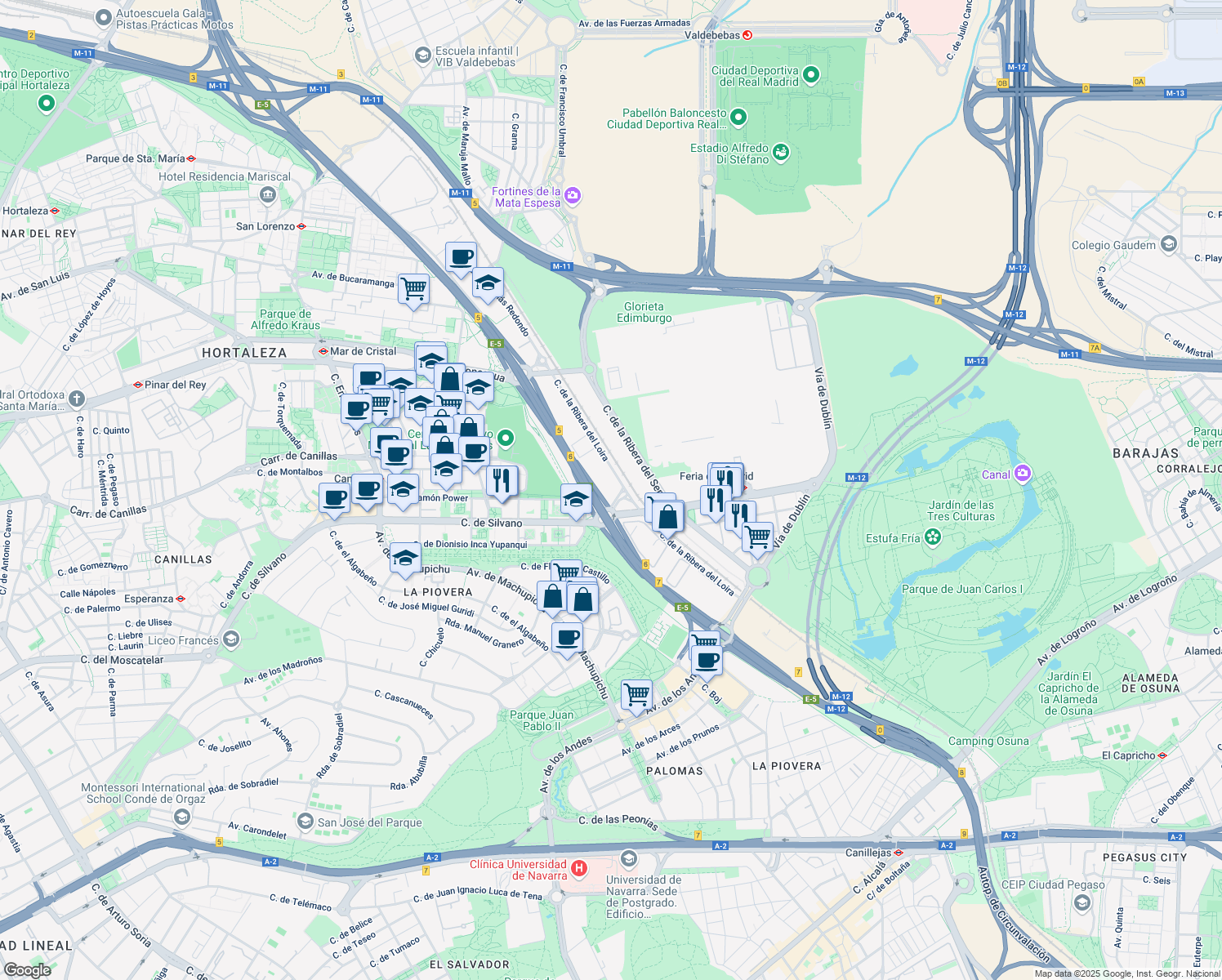 map of restaurants, bars, coffee shops, grocery stores, and more near 28 Calle de la Ribera del Loira in Madrid