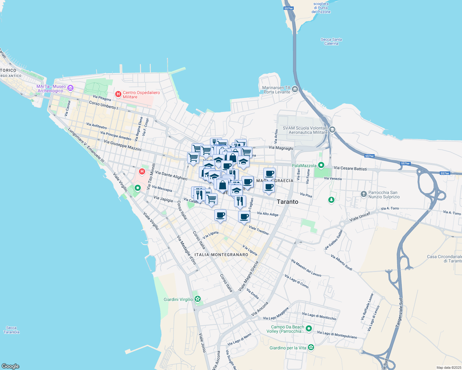 map of restaurants, bars, coffee shops, grocery stores, and more near 58-60 Via Salinella in Taranto