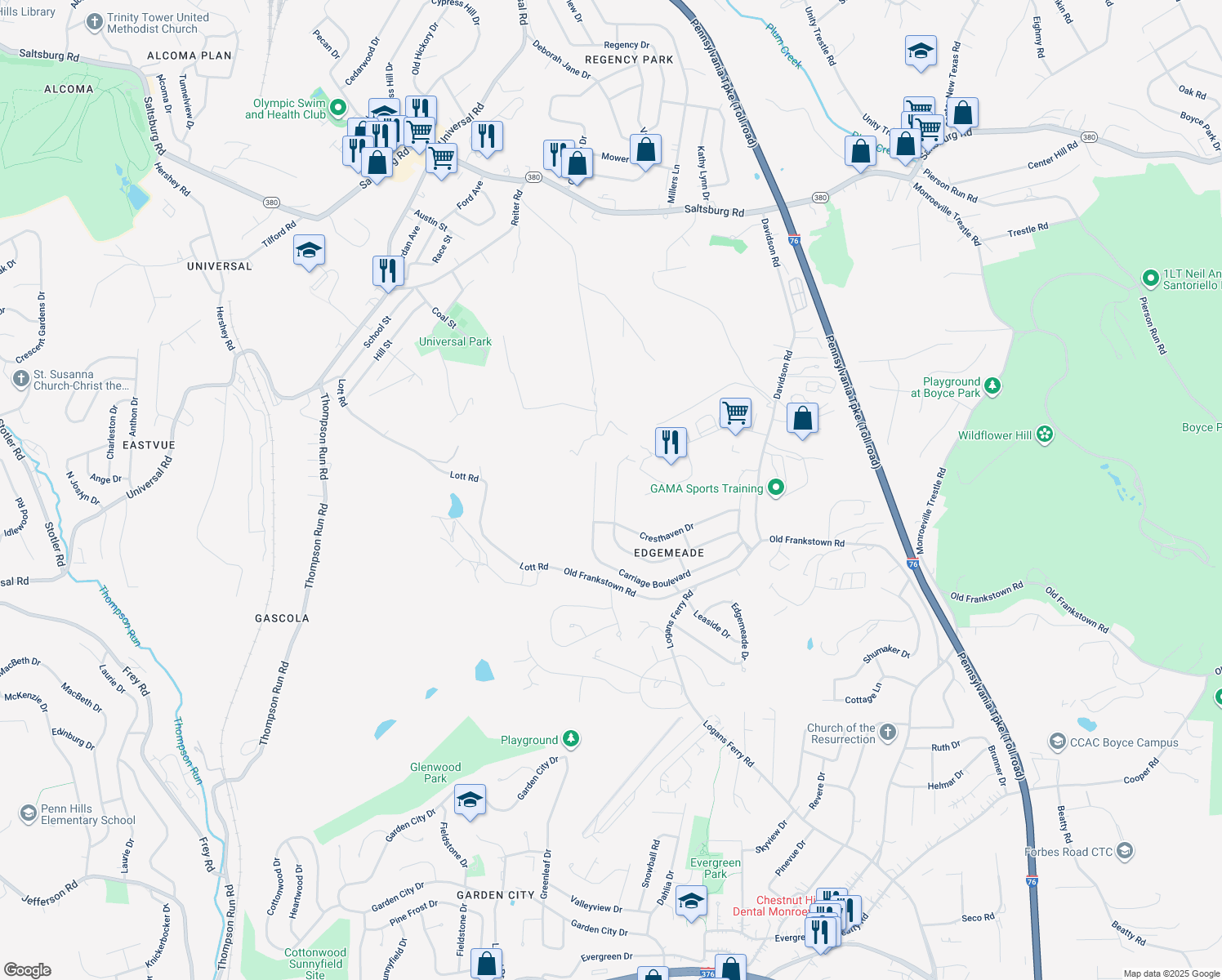 map of restaurants, bars, coffee shops, grocery stores, and more near 476 Shelbourne Drive in Pittsburgh