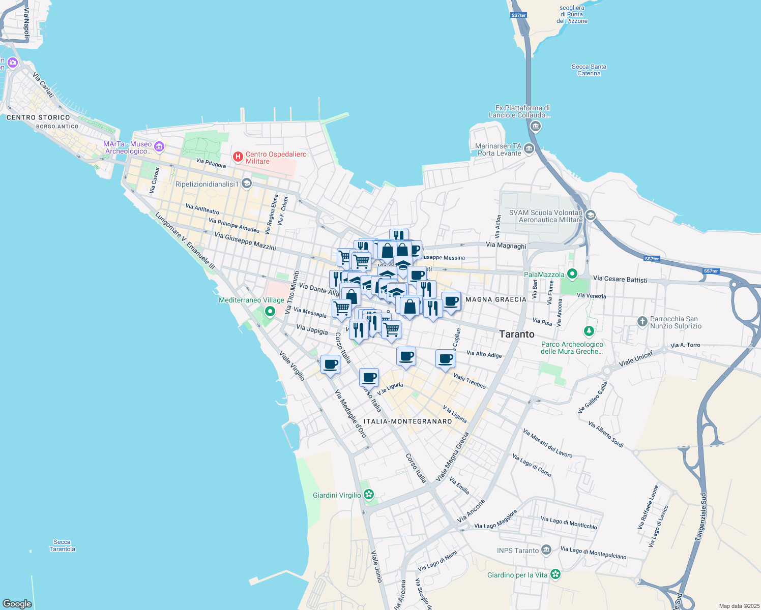 map of restaurants, bars, coffee shops, grocery stores, and more near 160 Via Dante Alighieri in Taranto