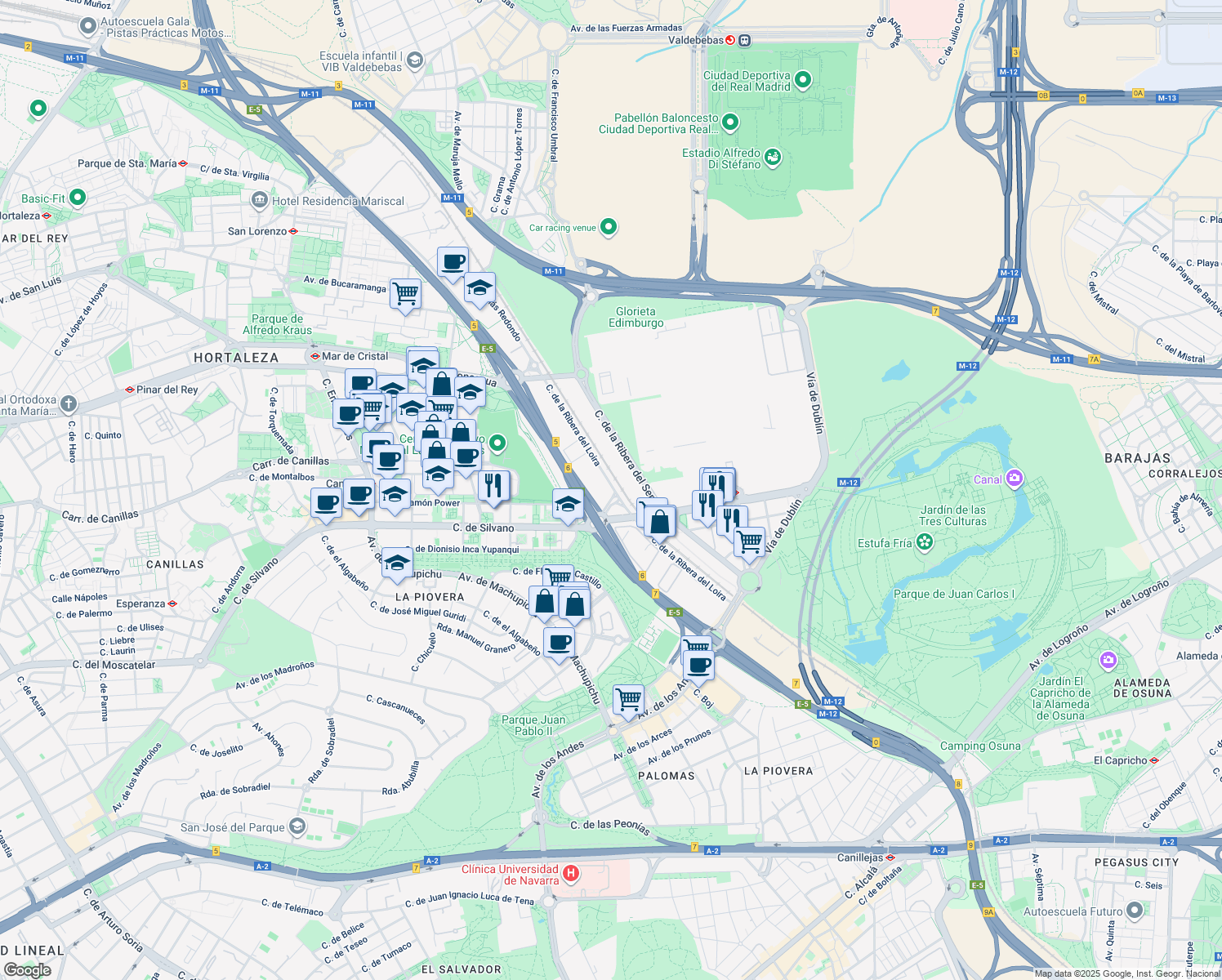 map of restaurants, bars, coffee shops, grocery stores, and more near 28 Calle de la Ribera del Loira in Madrid