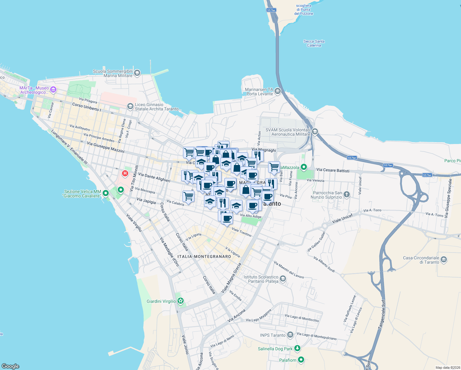 map of restaurants, bars, coffee shops, grocery stores, and more near 8 Via Siracusa in Taranto