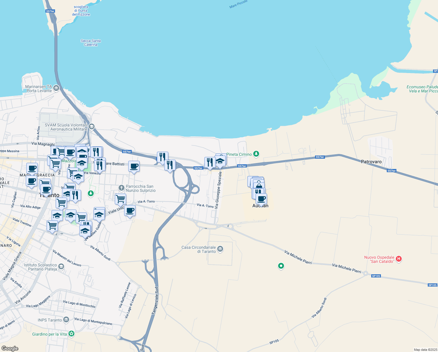 map of restaurants, bars, coffee shops, grocery stores, and more near 6 Via Giuseppe Speziale in Taranto