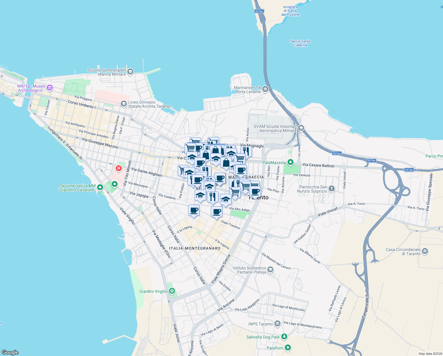 map of restaurants, bars, coffee shops, grocery stores, and more near 8 Via Siracusa in Taranto