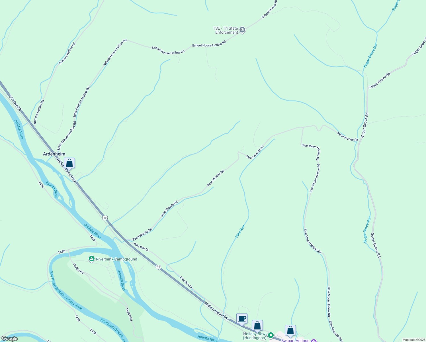 map of restaurants, bars, coffee shops, grocery stores, and more near 11404 Penn Woods Road in Huntingdon