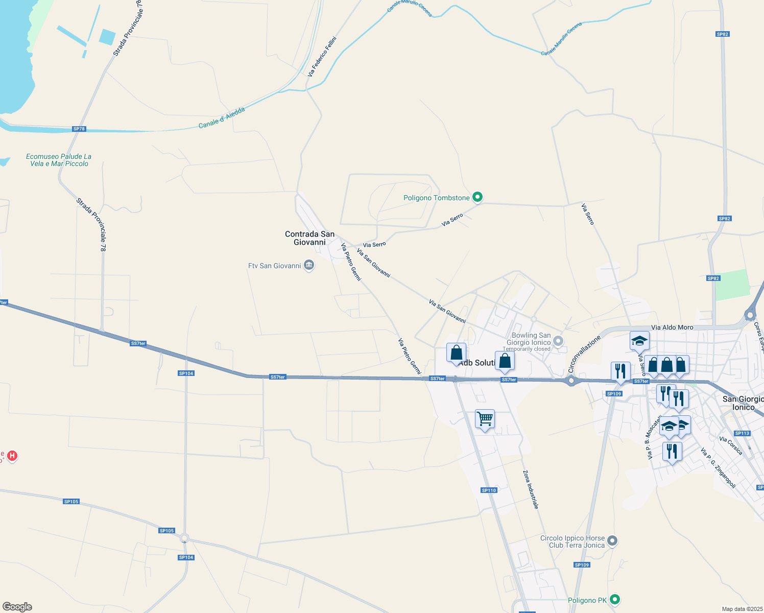 map of restaurants, bars, coffee shops, grocery stores, and more near 3 Via Pietro Germi in Provincia di Taranto