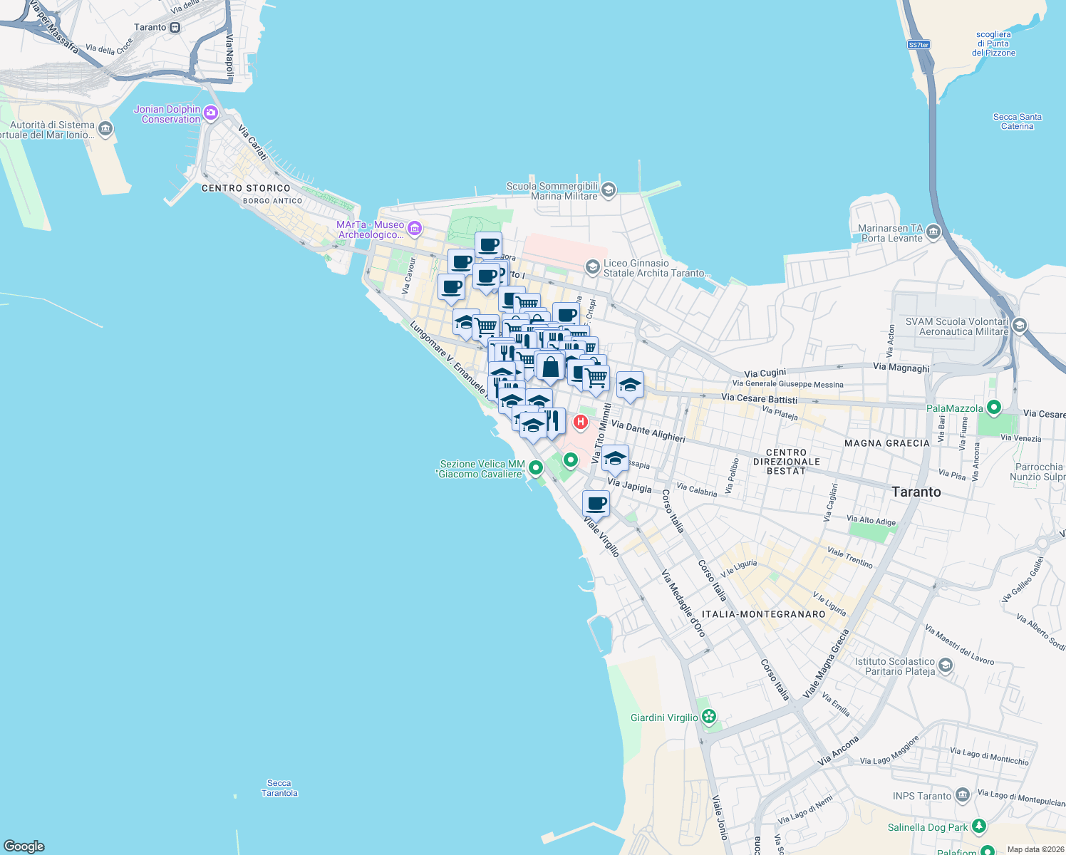 map of restaurants, bars, coffee shops, grocery stores, and more near 2 Via Bruno Francesco in Taranto
