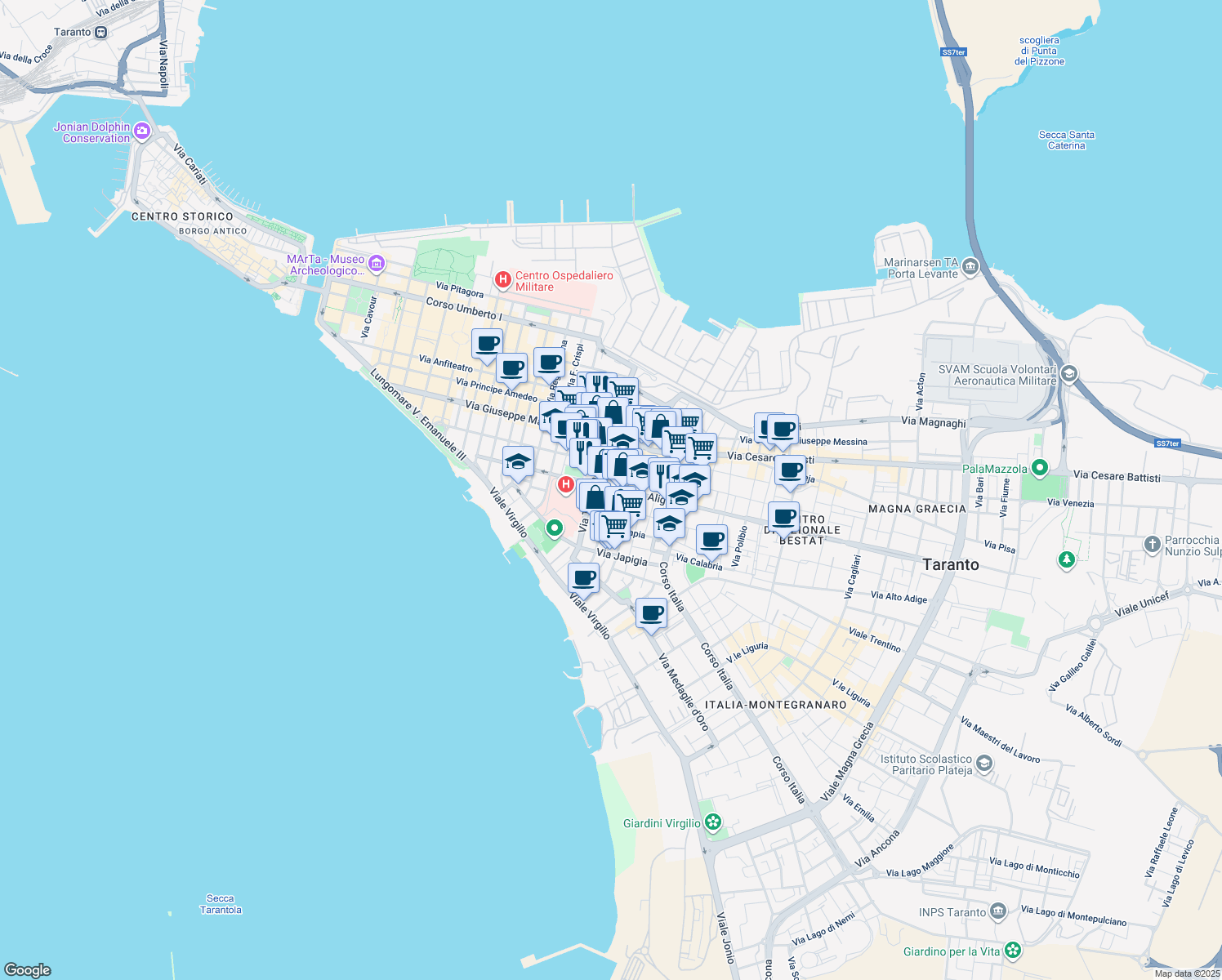 map of restaurants, bars, coffee shops, grocery stores, and more near 42 Via Temenide in Taranto