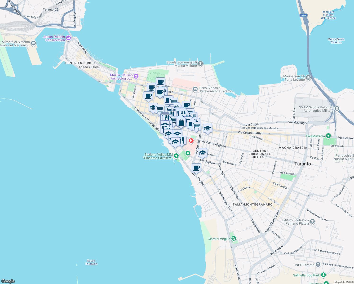 map of restaurants, bars, coffee shops, grocery stores, and more near 2 Via Bruno Francesco in Taranto