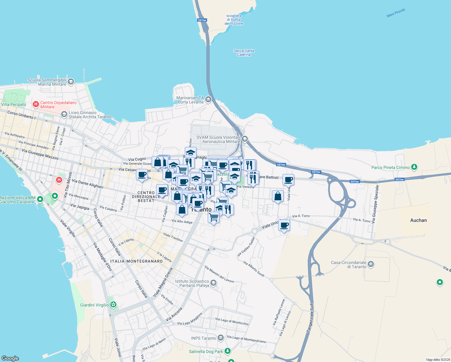 map of restaurants, bars, coffee shops, grocery stores, and more near 4 Via Ancona in Taranto