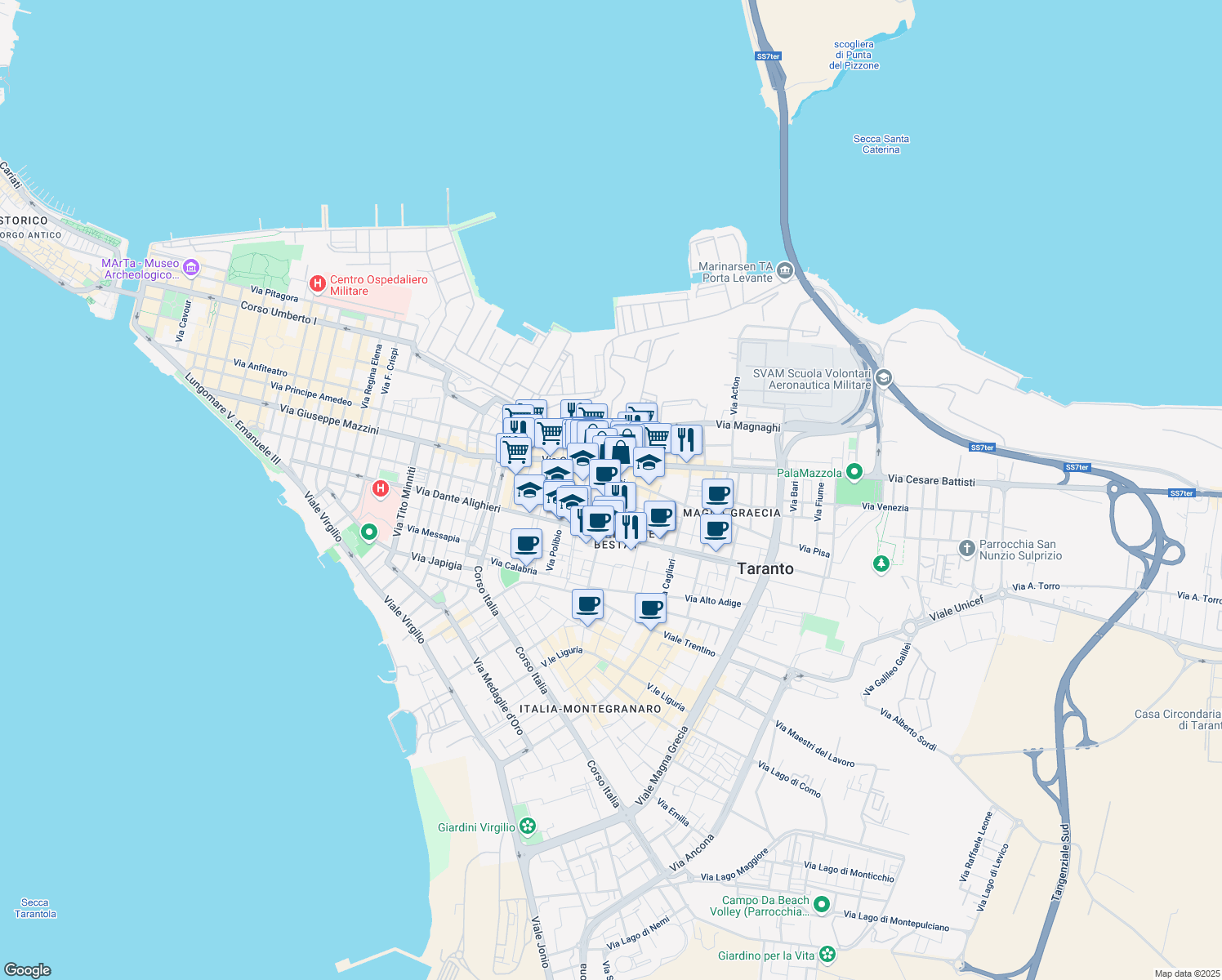 map of restaurants, bars, coffee shops, grocery stores, and more near 4 Via Salinella in Taranto