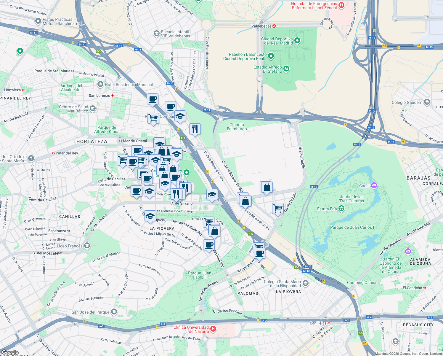 map of restaurants, bars, coffee shops, grocery stores, and more near 18 Calle de la Ribera del Loira in Madrid