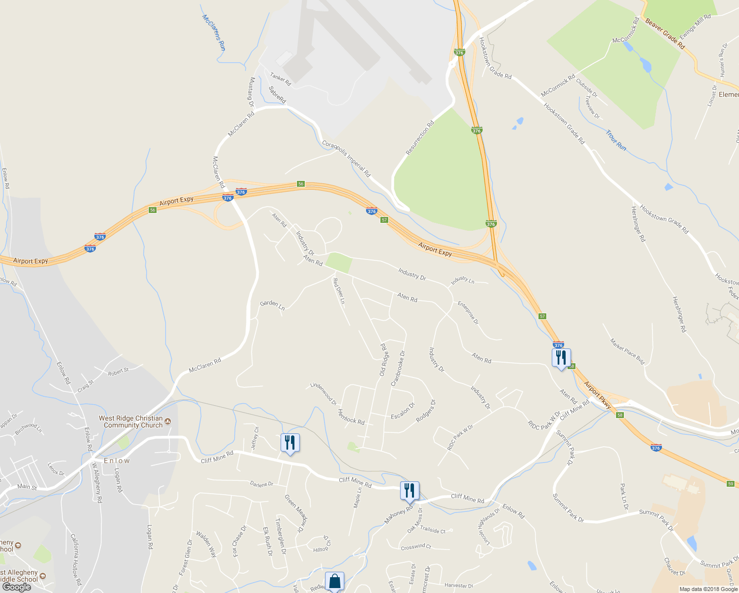 map of restaurants, bars, coffee shops, grocery stores, and more near 7 Peppertree Drive in Coraopolis