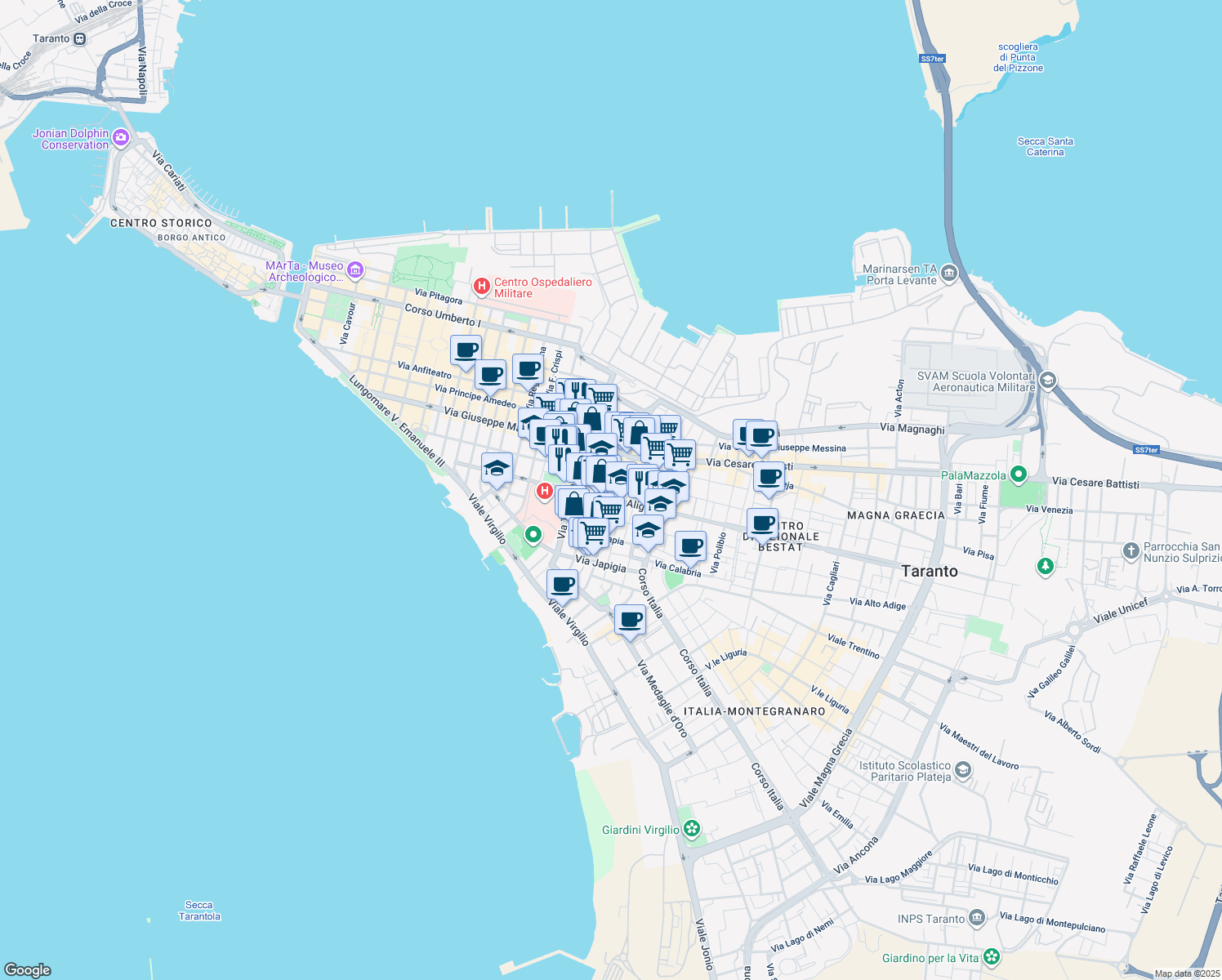 map of restaurants, bars, coffee shops, grocery stores, and more near 32-42 Via Temenide in Taranto