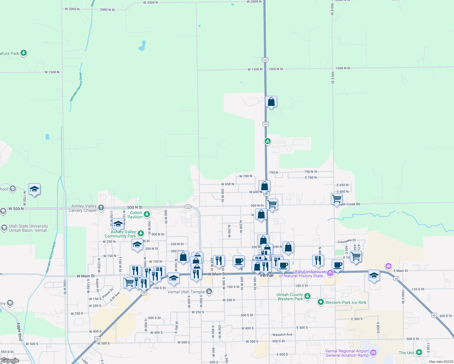map of restaurants, bars, coffee shops, grocery stores, and more near 284 West 650 North in Vernal