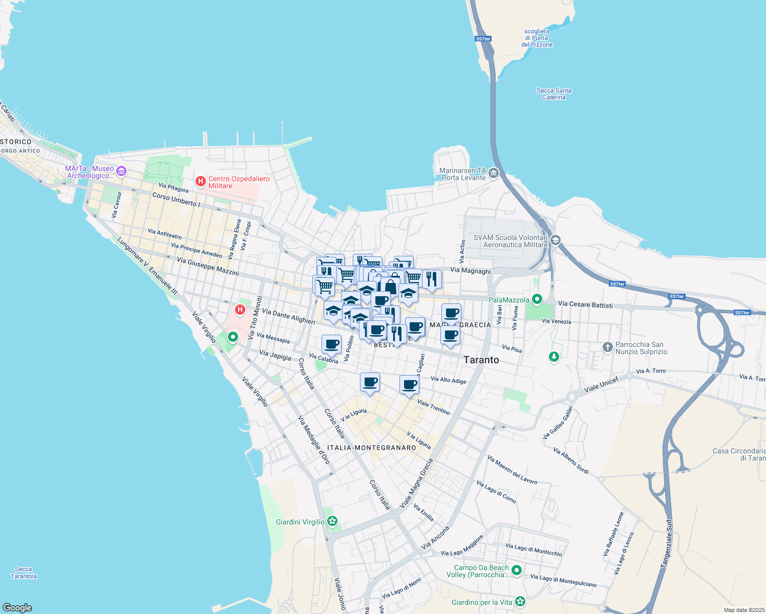 map of restaurants, bars, coffee shops, grocery stores, and more near 4 Via Salinella in Taranto