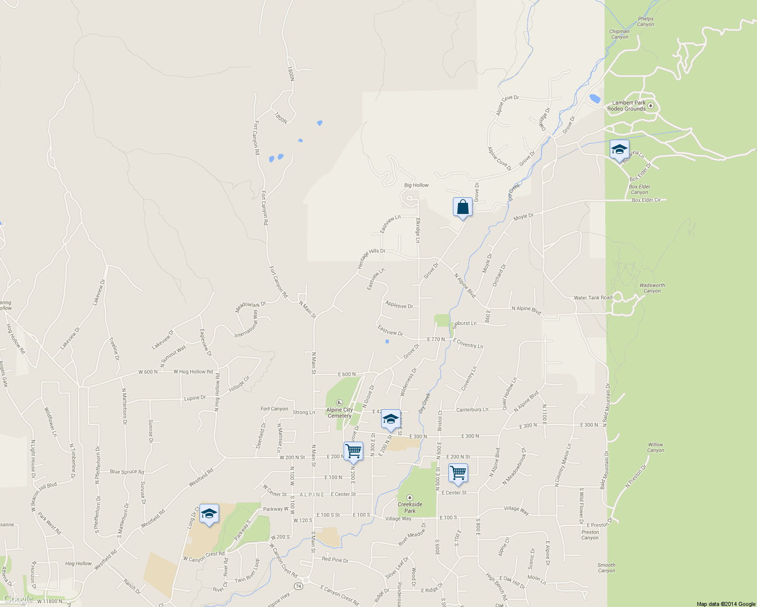 map of restaurants, bars, coffee shops, grocery stores, and more near 945 Eastview Drive in Alpine
