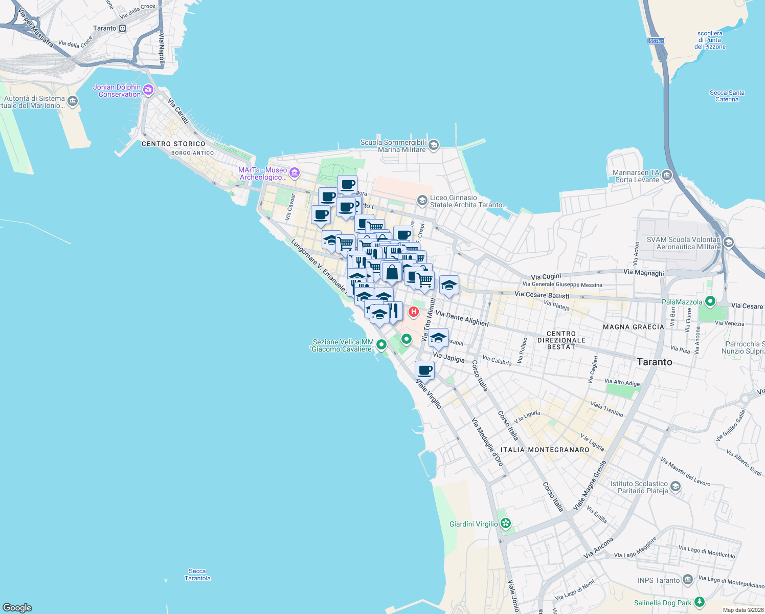 map of restaurants, bars, coffee shops, grocery stores, and more near 2 Via Bruno Francesco in Taranto