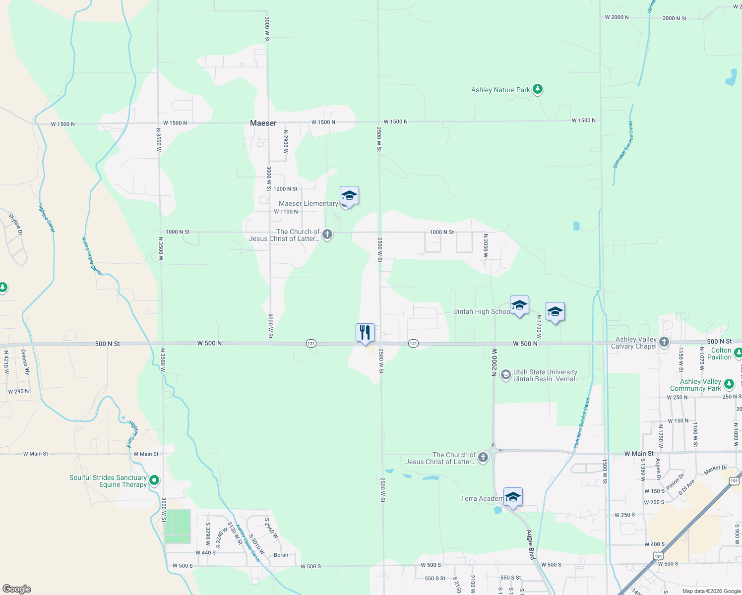 map of restaurants, bars, coffee shops, grocery stores, and more near 725 North 2500 West in Vernal
