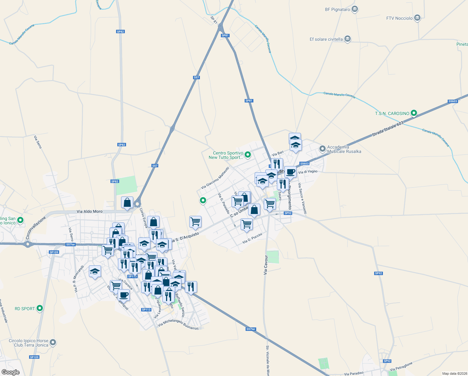 map of restaurants, bars, coffee shops, grocery stores, and more near 63 Via Virgilio in Carosino