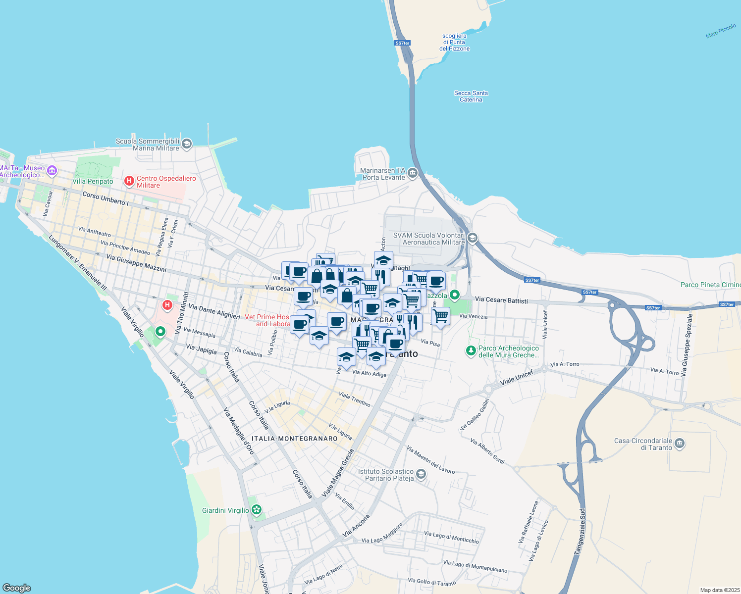 map of restaurants, bars, coffee shops, grocery stores, and more near 3 Via Zara in Taranto