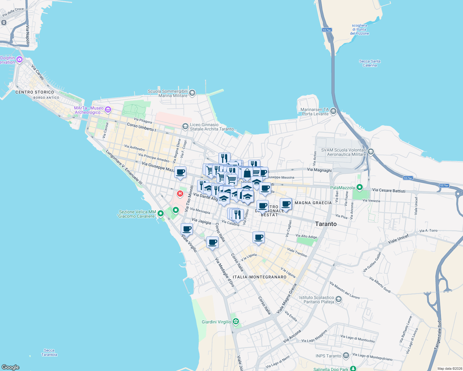 map of restaurants, bars, coffee shops, grocery stores, and more near 4 Via Aristosseno in Taranto
