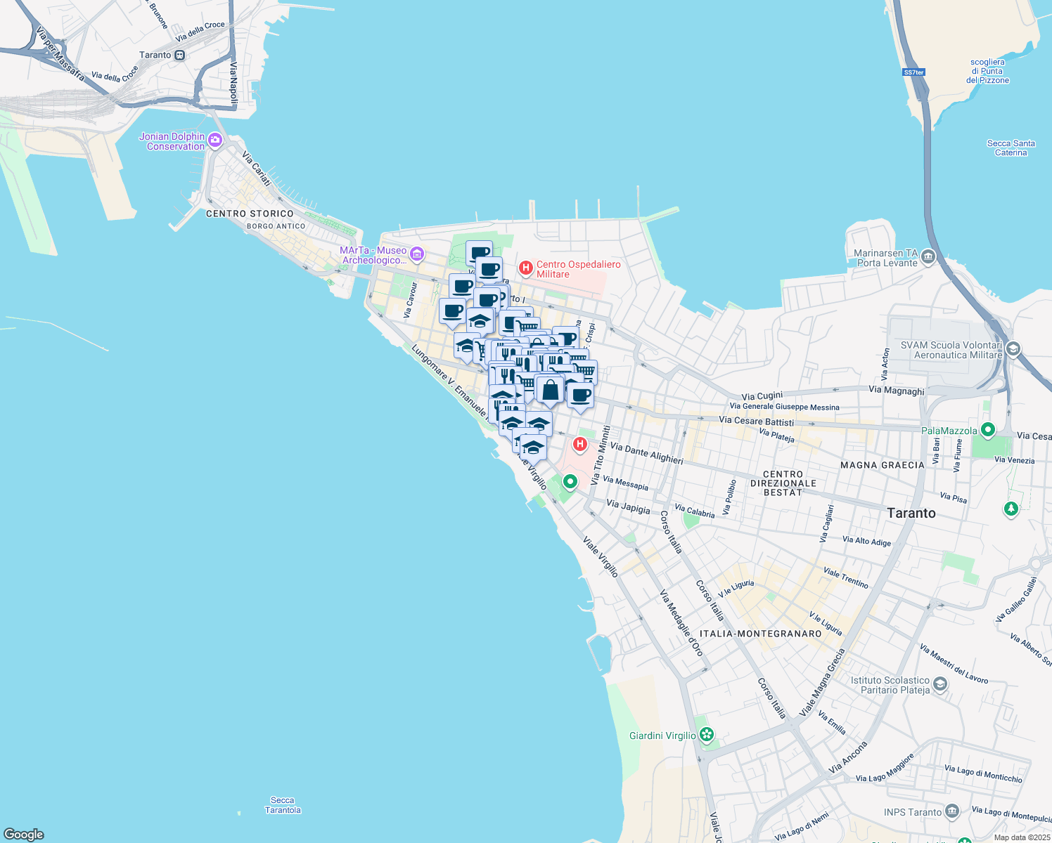 map of restaurants, bars, coffee shops, grocery stores, and more near 94 Via F.Cavallotti in Taranto