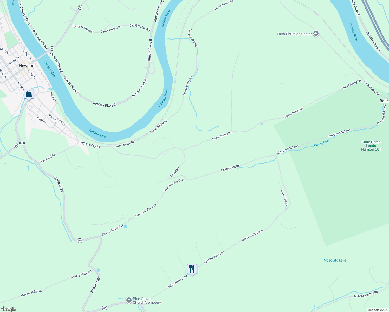 map of restaurants, bars, coffee shops, grocery stores, and more near 451 Upper Bailey Road in Newport