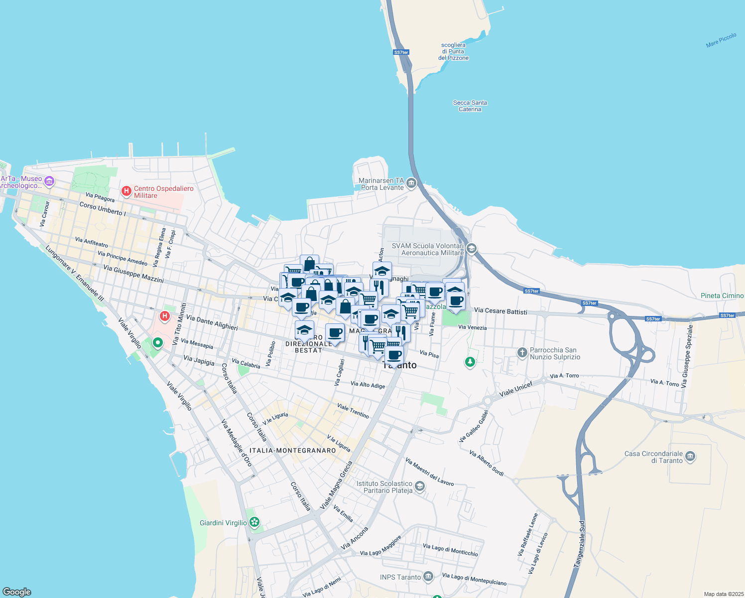 map of restaurants, bars, coffee shops, grocery stores, and more near 167 Via Cesare Battisti in Taranto