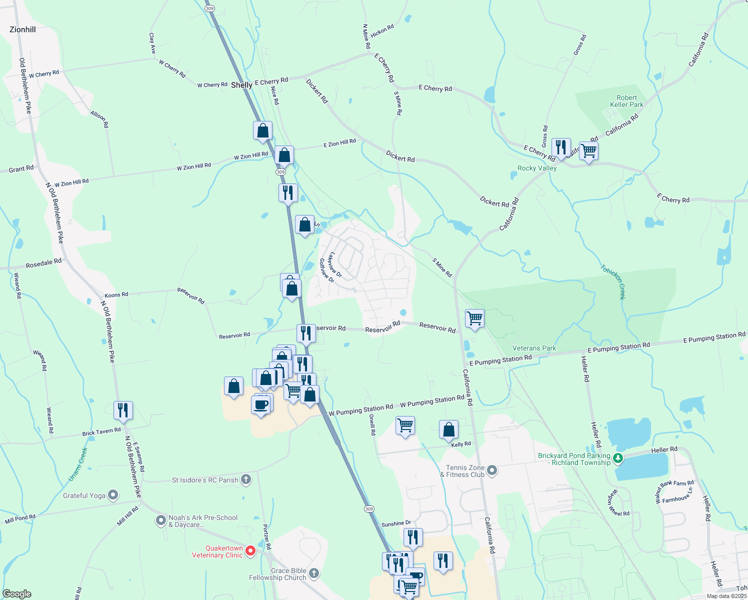 map of restaurants, bars, coffee shops, grocery stores, and more near 16 Walnut Ln in Quakertown