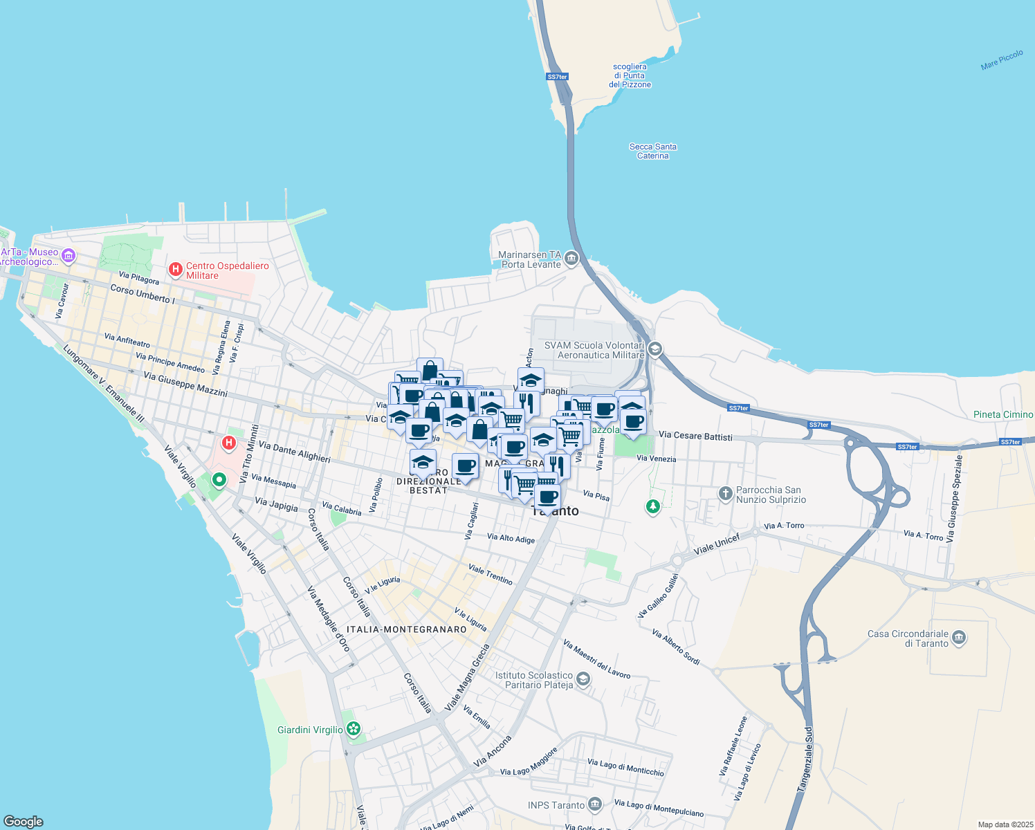 map of restaurants, bars, coffee shops, grocery stores, and more near 167 Via Cesare Battisti in Taranto