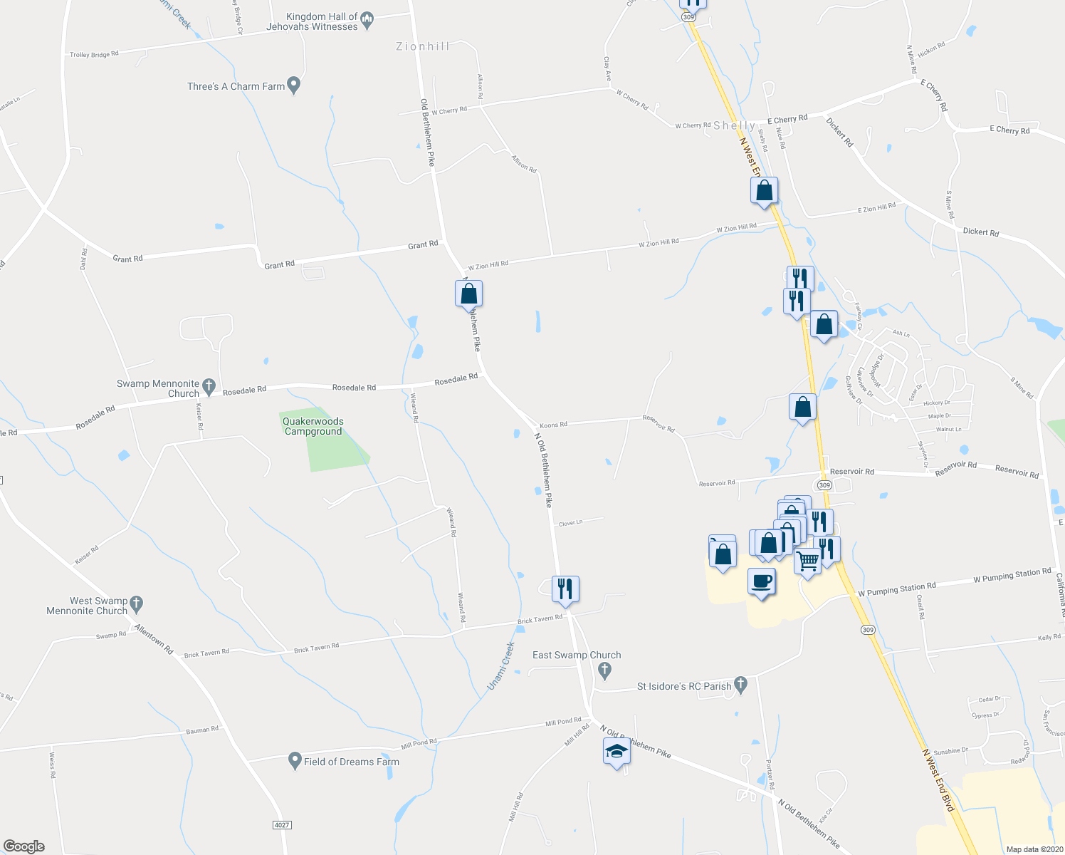 map of restaurants, bars, coffee shops, grocery stores, and more near 2640 North Old Bethlehem Pike in Quakertown