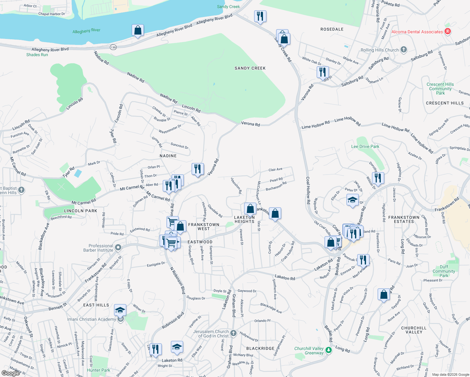 map of restaurants, bars, coffee shops, grocery stores, and more near 414 Johnston Rd in Penn Hills