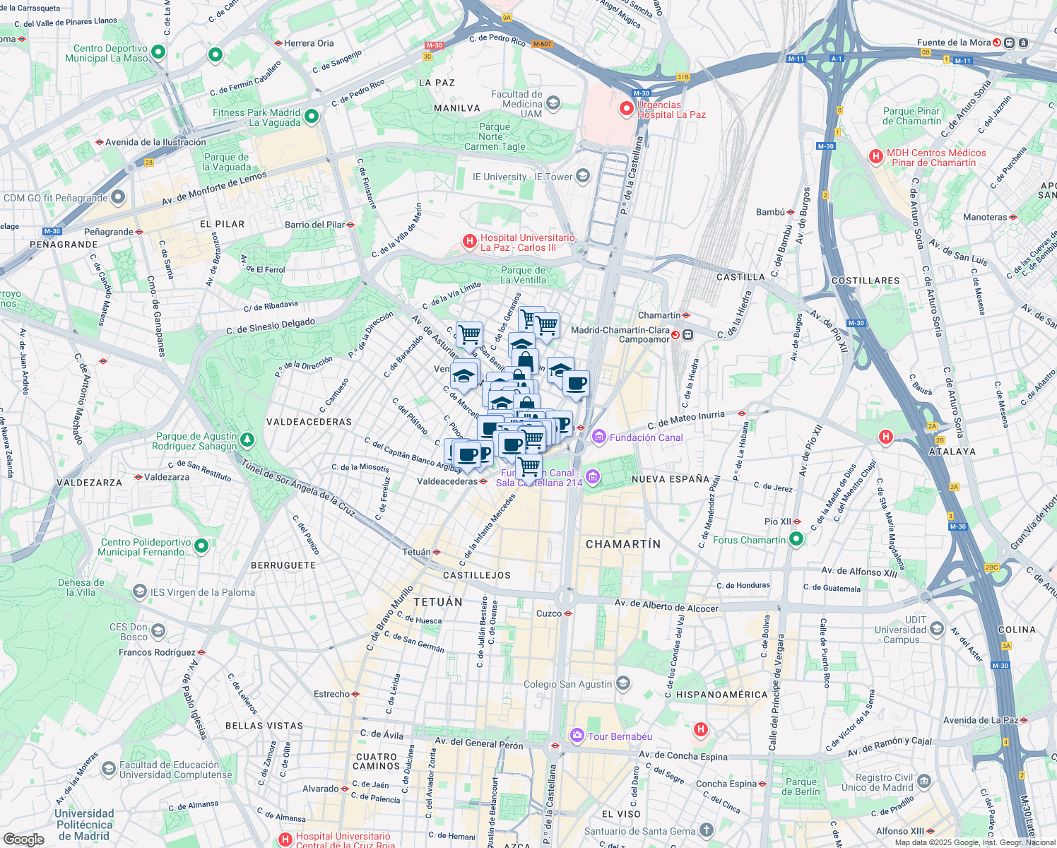map of restaurants, bars, coffee shops, grocery stores, and more near 1 Calle Antonio González Echarte in Madrid