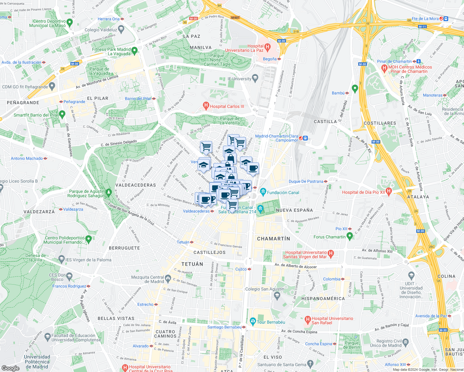 map of restaurants, bars, coffee shops, grocery stores, and more near 1 Calle Antonio González Echarte in Madrid