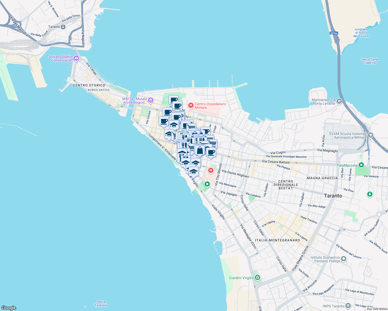 map of restaurants, bars, coffee shops, grocery stores, and more near 94 Via F.Cavallotti in Taranto
