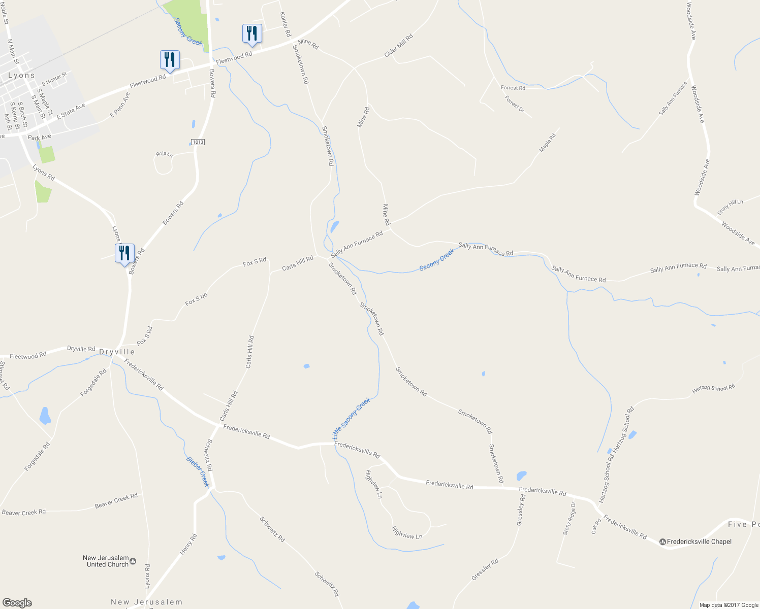 map of restaurants, bars, coffee shops, grocery stores, and more near 115 Smoketown Road in Mertztown