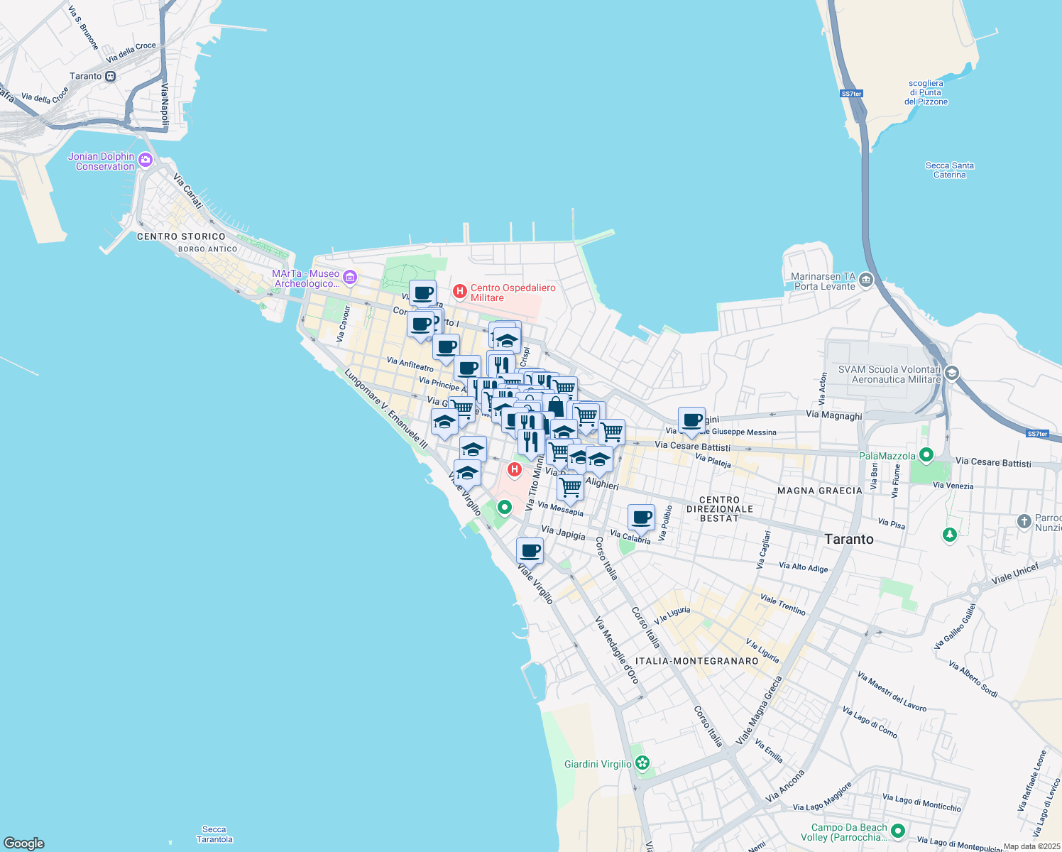 map of restaurants, bars, coffee shops, grocery stores, and more near 33 Via Monfalcone in Taranto
