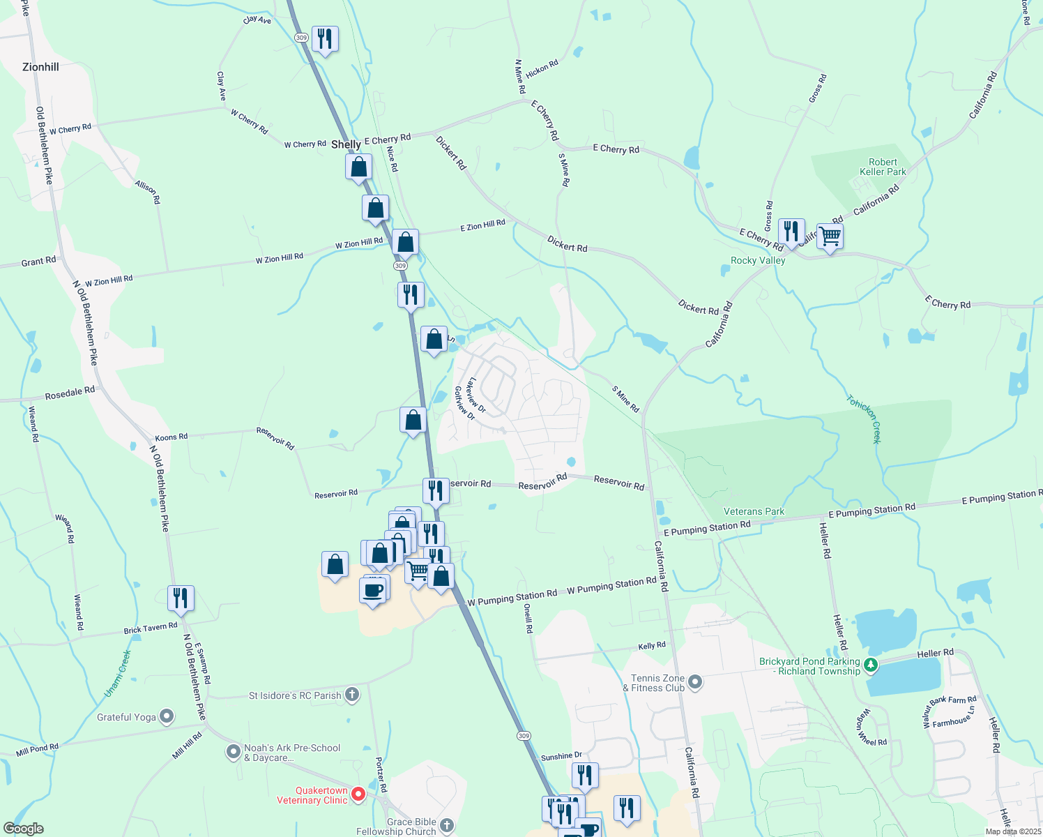 map of restaurants, bars, coffee shops, grocery stores, and more near 100 Horseshoe Drive in Quakertown