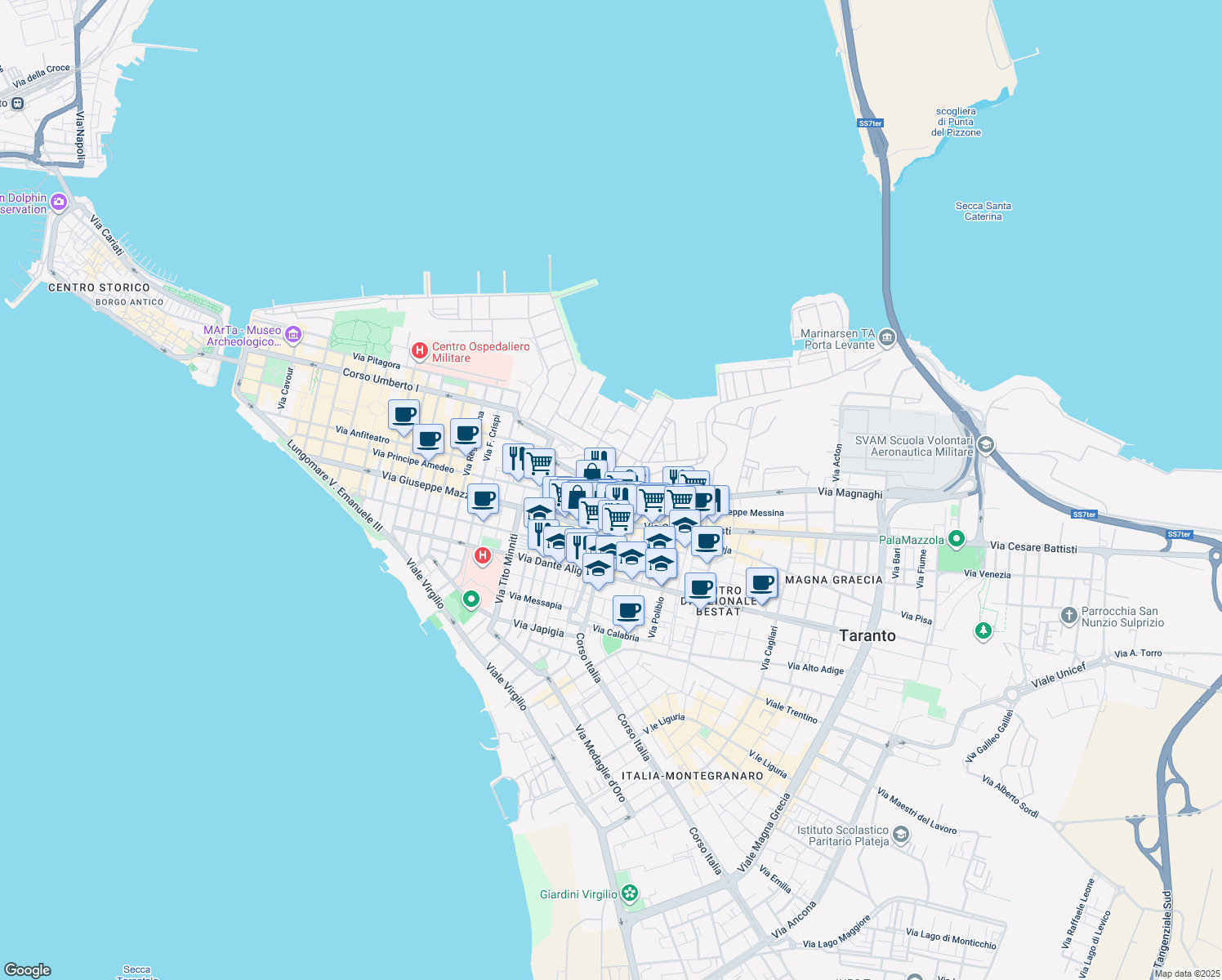 map of restaurants, bars, coffee shops, grocery stores, and more near 25 Piazza Ammiraglio Pasquale Leonardi Cattolica in Taranto
