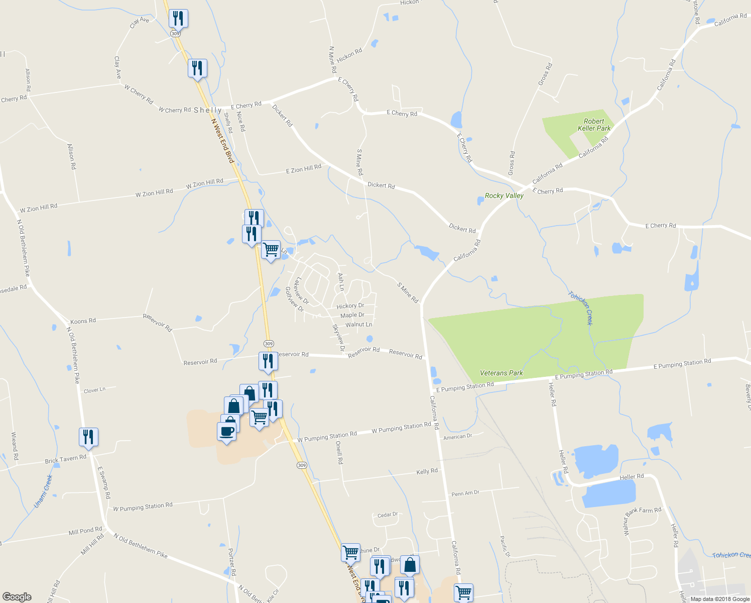 map of restaurants, bars, coffee shops, grocery stores, and more near 5 Quarry Road in Quakertown