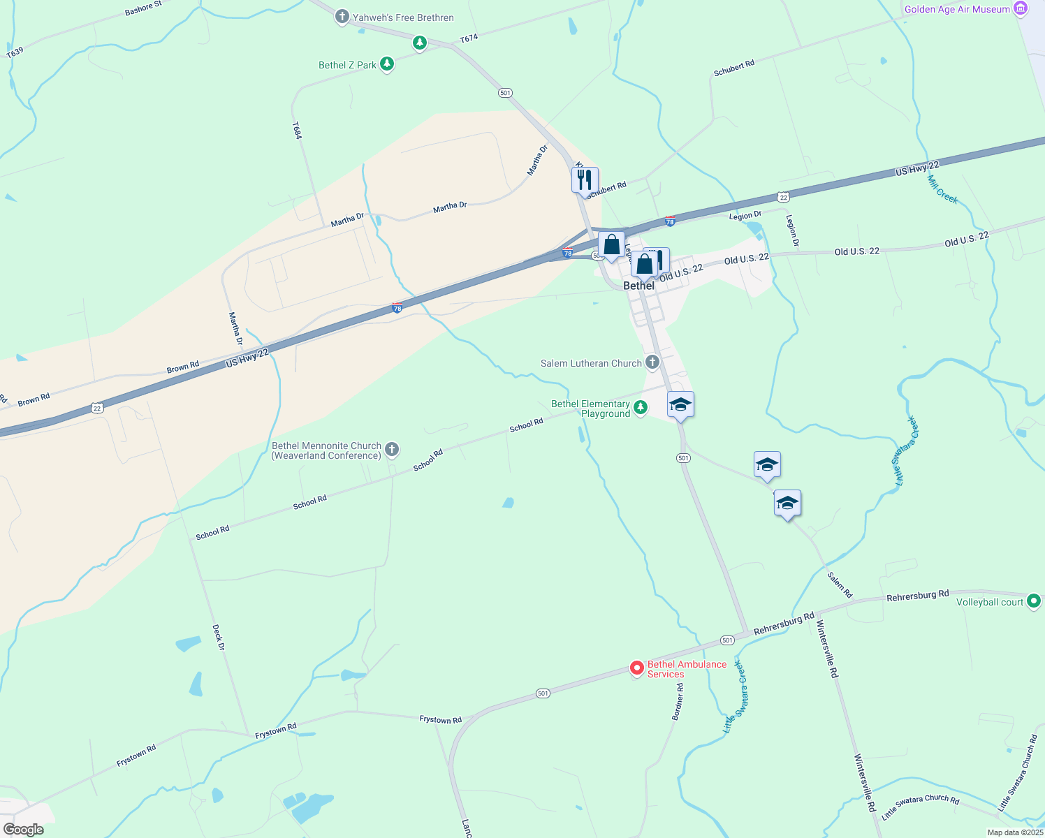 map of restaurants, bars, coffee shops, grocery stores, and more near 187 School Road in Bethel
