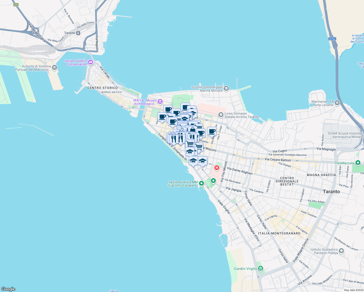 map of restaurants, bars, coffee shops, grocery stores, and more near 89 Via Angelo Berardi in Taranto