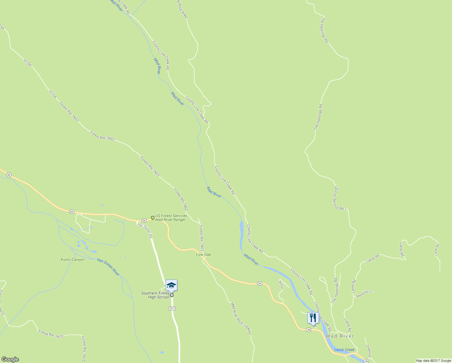 map of restaurants, bars, coffee shops, grocery stores, and more near County Line Creek Road in Mad River