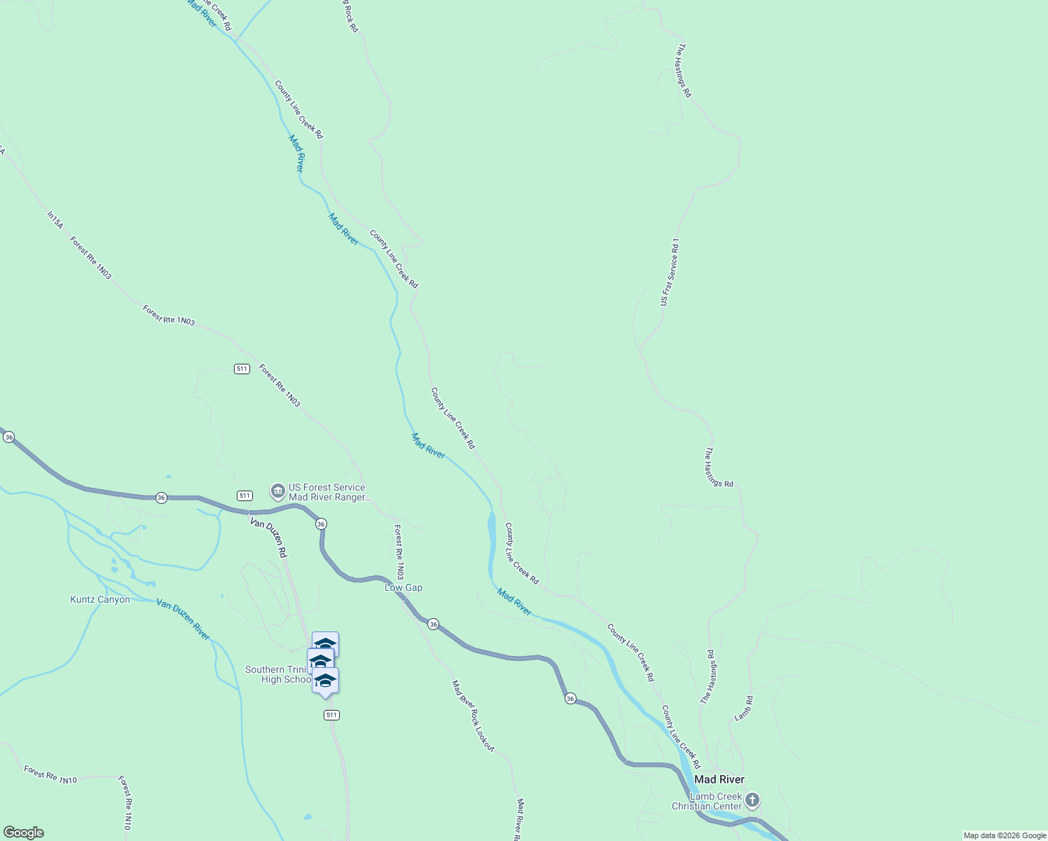 map of restaurants, bars, coffee shops, grocery stores, and more near County Line Creek Road in Mad River